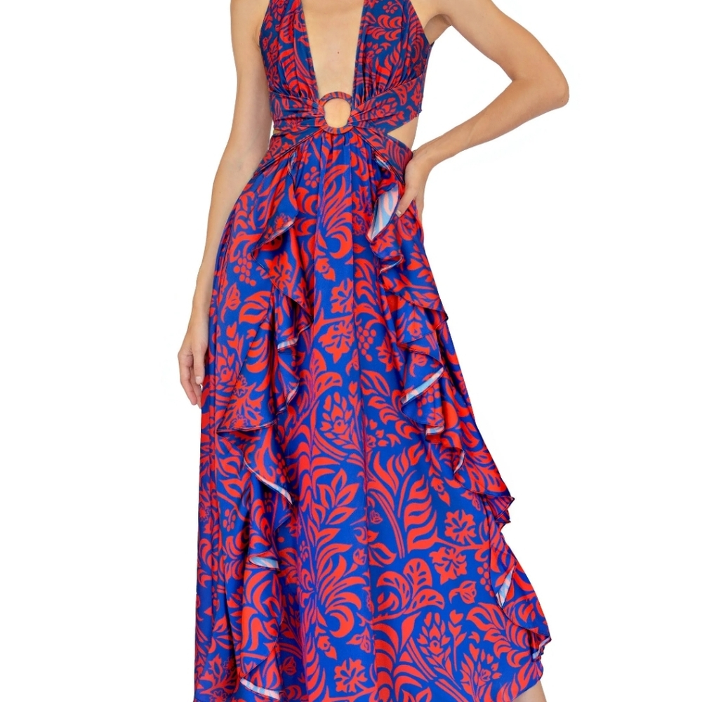Brand New  cut-out Beach Dress, color Lobster/Cobalt PAT BO designer